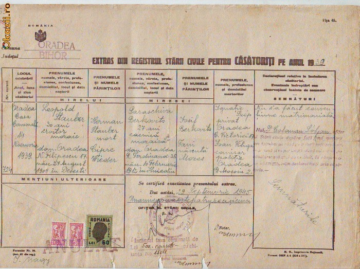 A98 Acte Extras Stare Civila Oradea 1939