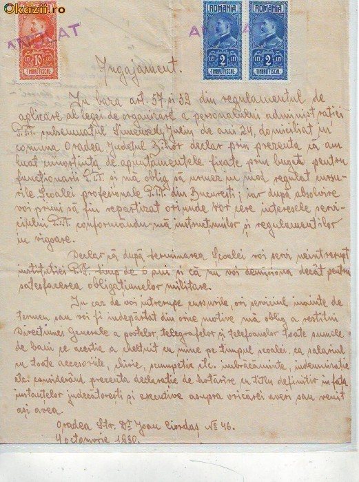 A86 Acte Angajament Oradea 1930 A86 Acte Angajament Oradea 1930
