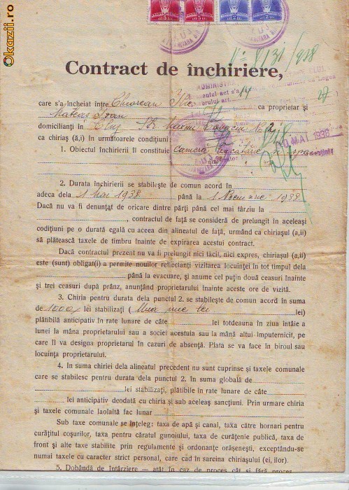 A80 Acte Contract Inchiriere Cluj 1938 timbrat A80 Acte Contract Inchiriere Cluj 1938 timbrat