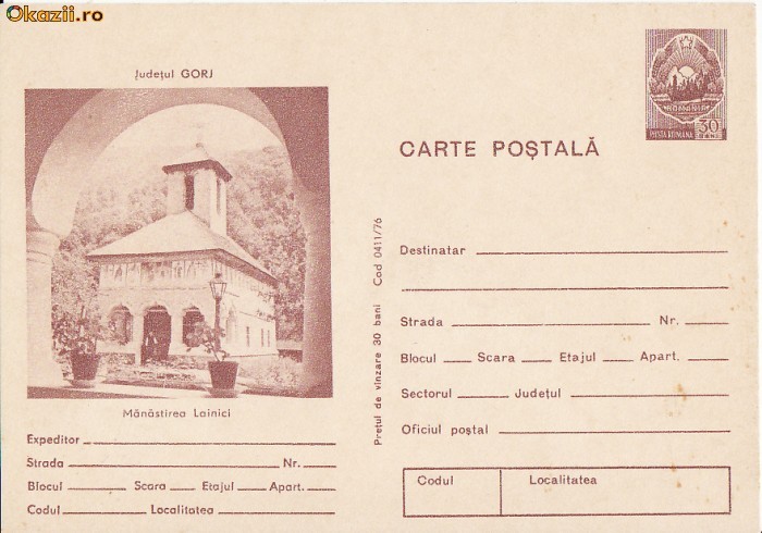 Intreg postal -Manastirea Lainici Gorj Intreg postal -Manastirea Lainici Gorj