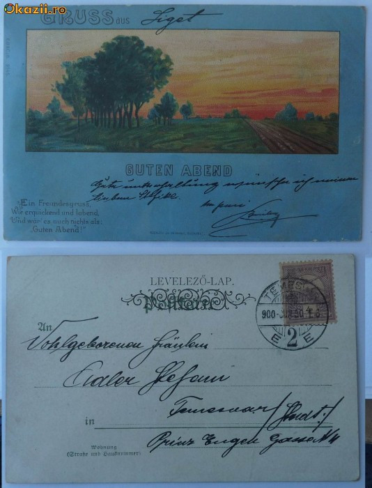 Litografie din Sighet , circulata la 1900 la Timisoara , stare excelenta Litografie din Sighet , circulata la 1900 la Timisoara , stare excelenta