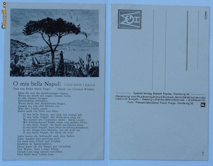 Napoli , Lied si tango , versuri pe ilustrata , inceput de secol 20 Napoli , Lied si tango , versuri pe ilustrata , inceput de secol 20