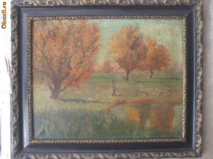 Ciobanas cu oi, pictura interbelica in ulei pe panza, tablou vechi