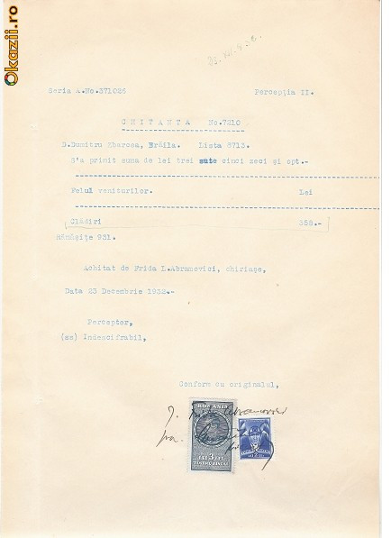 08 Document vechi fiscalizat -Braila-Chitanta-1932-Abramovici...