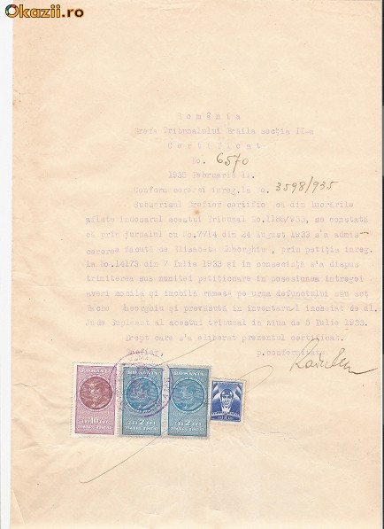 47 Document vechi fiscalizat -Braila -1935 -Certificat Nr.6570