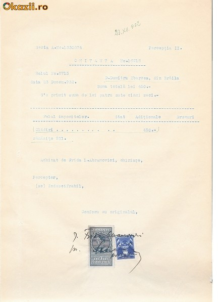 11 Document vechi fiscalizat -Braila-Chitanta-1932-Abramovici...