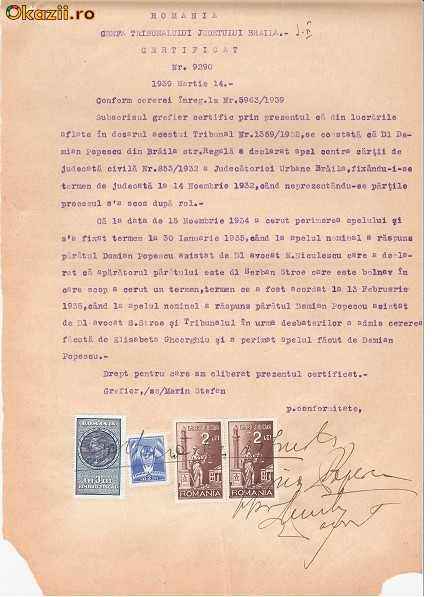 27 Document vechi fiscalizat -1939 -Braila - Certificat Nr.9290