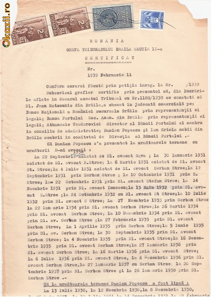 34 Document vechi fiscalizat -1939 -Braila -Certificat