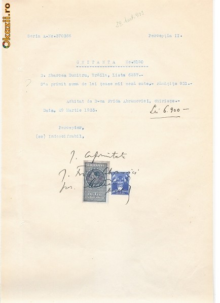 07 Document vechi fiscalizat -Braila-Chitanta-1933-Abramovici...