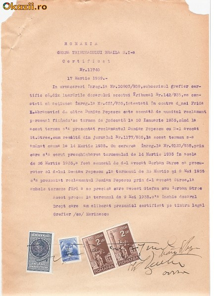 23 Document vechi fiscalizat -1939 -Braila - Certificat Nr.11740