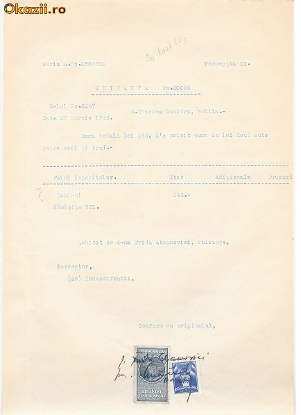 06 Document vechi fiscalizat -Braila-Chitanta-1933-Abramovici...