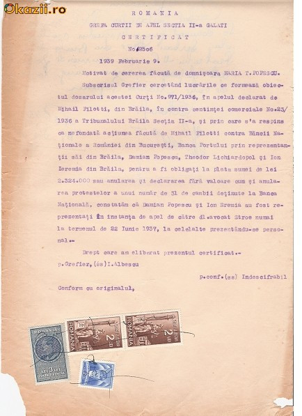 32 Document vechi fiscalizat -1939 -Galati -Certificat Nr.2506