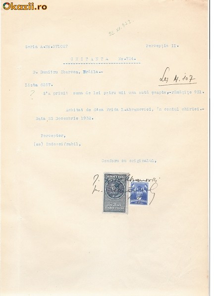 09 Document vechi fiscalizat -Braila-Chitanta-1932-Abramovici...