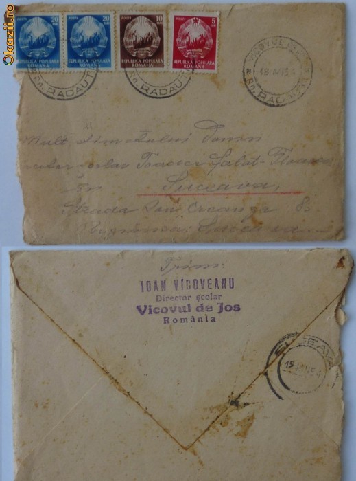 Scrisoare olografa a lui Ion Vicoveanu, folclorist bucovinean si director scolar la Vicovul de Jos, Bucovina, 1954