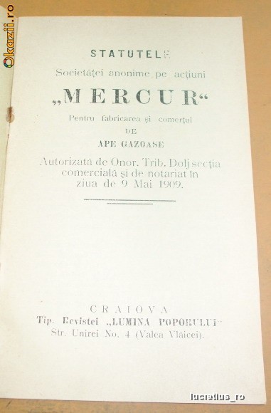 Statut-Soc. MERCUR-Ape gazoase-Craiova-1909 Statut-Soc. MERCUR-Ape gazoase-Craiova-1909