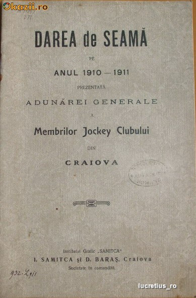 Statut-Dare de Seama-Membrii Jokey Club-Craiova-1911 Statut-Dare de Seama-Membrii Jokey Club-Craiova-1911