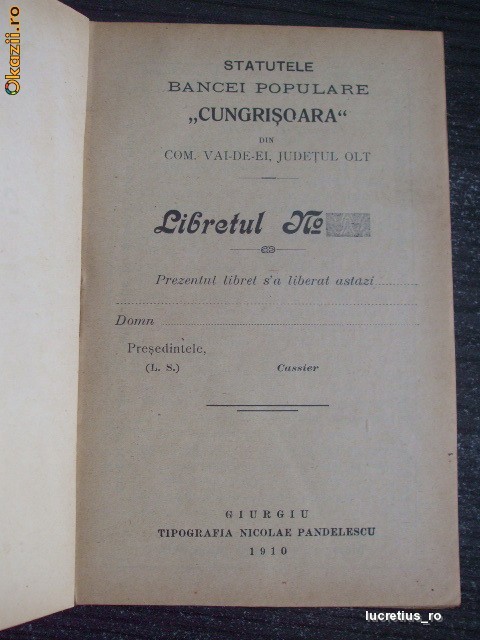 Statut-Banca Populara Com. Vai-De-ei, OLT-1910 Statut-Banca Populara Com. Vai-De-ei, OLT-1910