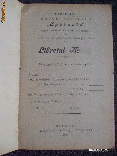 Statut-Banca Populara Galicea Mare-Dolj-1906