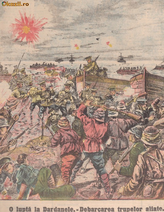 Ziarul Universul : debarcarea aliatilor in Dardanele Turcia ww1 - (1915,gravura)