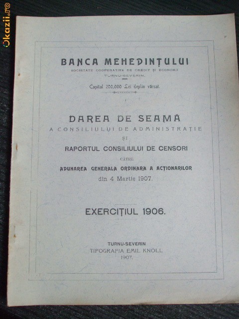 Statut- Banca MEHEDINTULUI-Turnu Severin-1907 Statut- Banca MEHEDINTULUI-Turnu Severin-1907