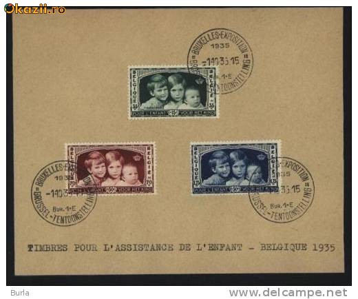 Belgia , 1935 , Asistenta copiilor , suvenir postal , stampila expozitie