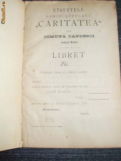 Statutele Bancei CARITATEA,Candesci-Buzau-1908