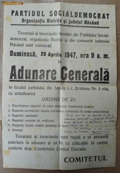 Partidul Social Democrat, Organizatia Bistrita si Nasaud, adunare generala, 1947