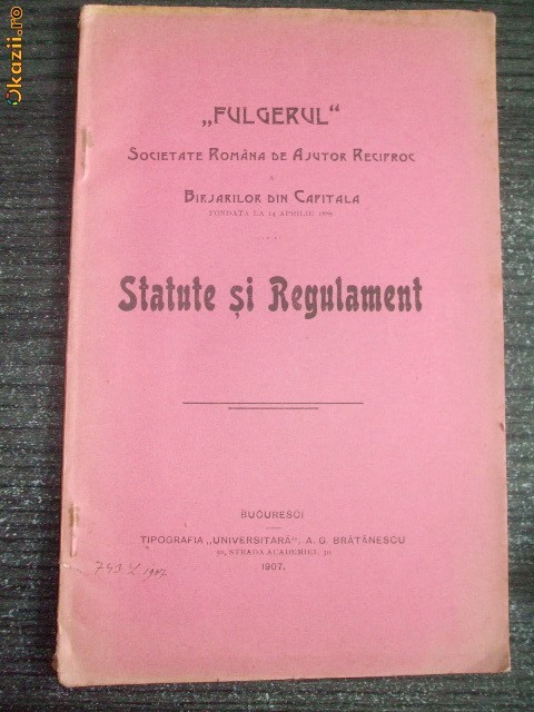 Statut-Soc. FULGER- Birjarilor din Capitala-1907