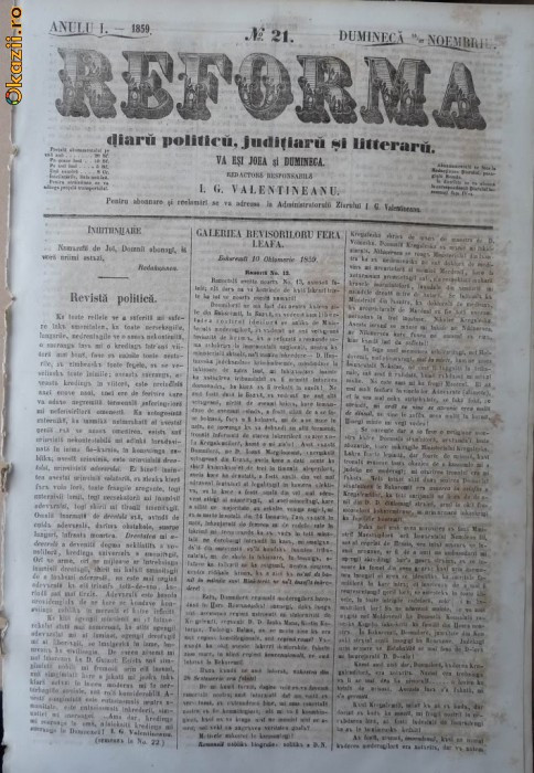 Reforma , ziar politicu , juditiaru si litteraru , an 1, nr. 21 , 1859