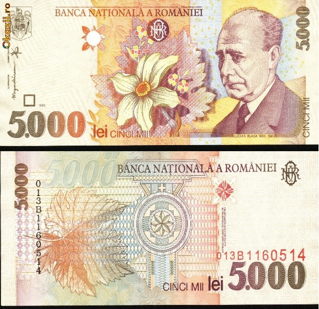 Bacnota 5000 lei, 1998,filigram profil Blaga intr-o parte Bacnota 5000 lei, 1998,filigram profil Blaga intr-o parte