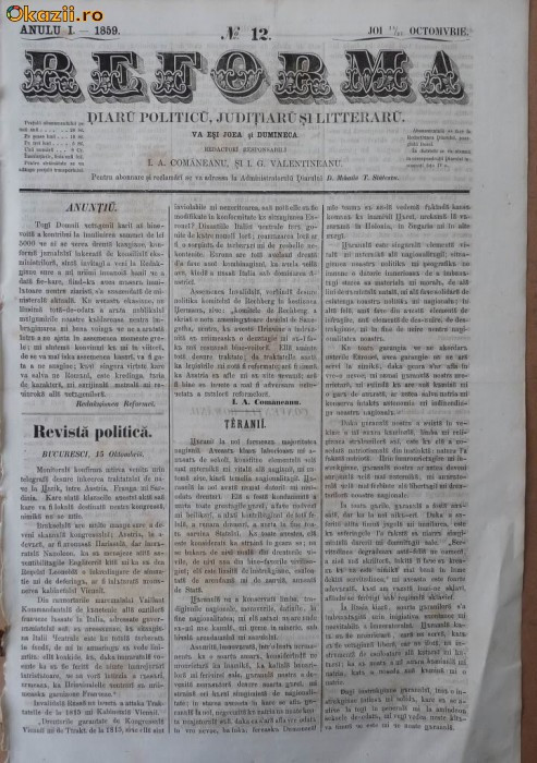 Reforma , ziar politicu , juditiaru si litteraru , an 1, nr. 12 , 1859