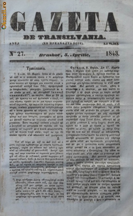 Gazeta de Transilvania ,Brasov ,nr.27 ,5 aprilie ,1843
