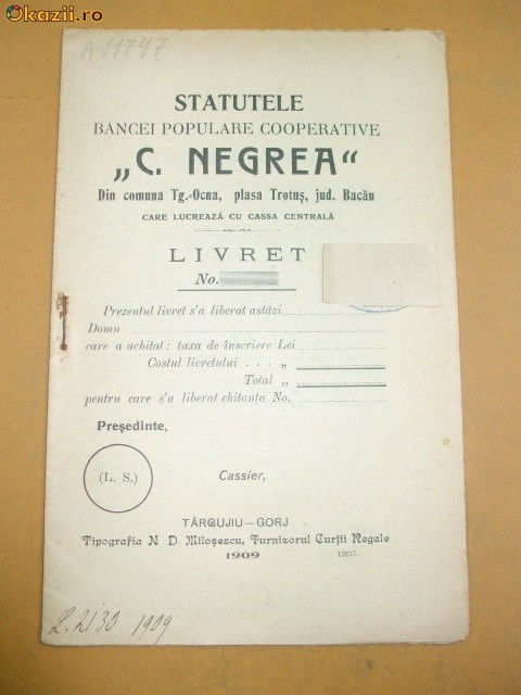 Statutele Bancei Populare ,,C. Negrea&amp;quot; Tg Jiu 1909