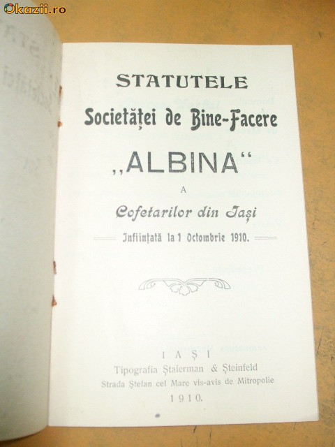 Statut Societatea ALBINA a cofetarilor din Iasi 1910