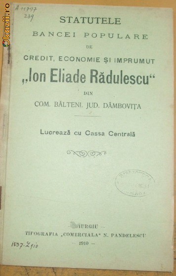 Statut Banca ,,ION ELIADE RADULESCU" Giurgiu 1910 Statut Banca ,,ION ELIADE RADULESCU" Giurgiu 1910
