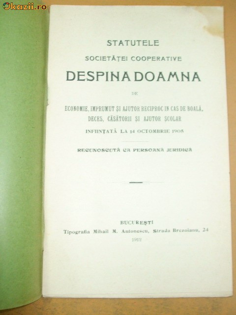 Statut Soc. Cooperativa ,,DESPINA DOAMNA&amp;quot; Buc. 1912