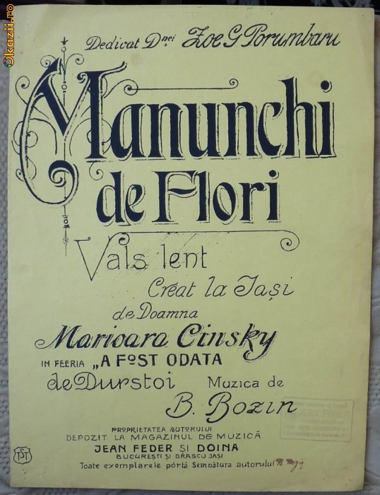 Manunchi de flori, partitura semnata olograf de B. Bozin, autor