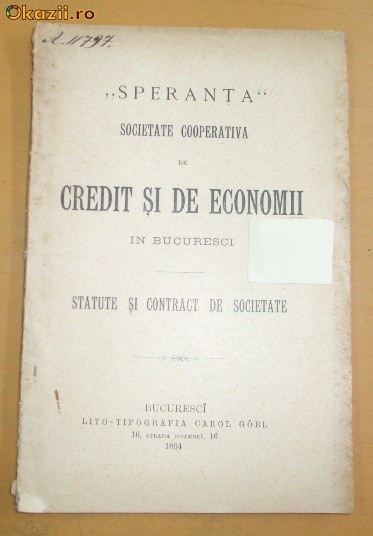 Statut Soc. Credit ,,SPERANTA" Bucuresci 1894 Statut Soc. Credit ,,SPERANTA" Bucuresci 1894