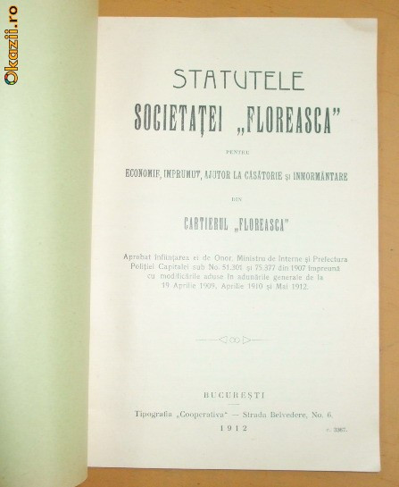 Statut Soc. Imprumut ,,FLOREASCA&amp;quot; Bucuresti 1912