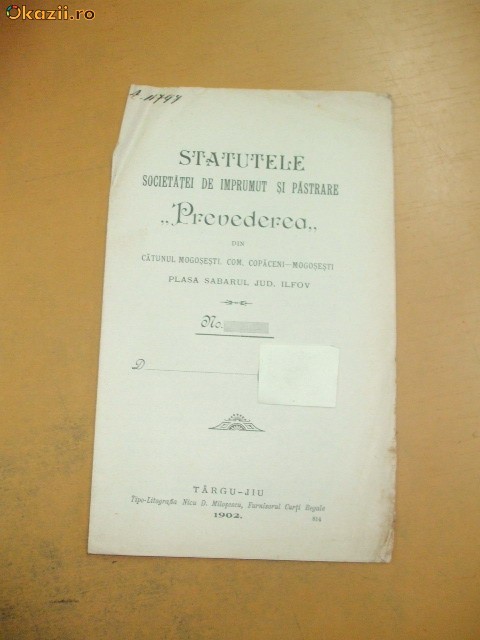 Statut Soc. imprumut ,,PREVEDEREA&amp;quot; Tg Jiu 1902