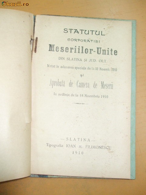 Statut Corporatie ,,MESERIILE UNITE&amp;quot; Slatina 1910