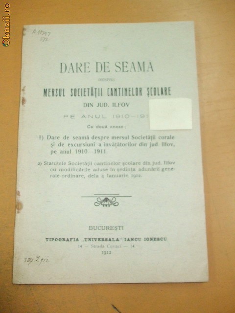Dare de seama Soc. cantinelor scolare Buc. 1912