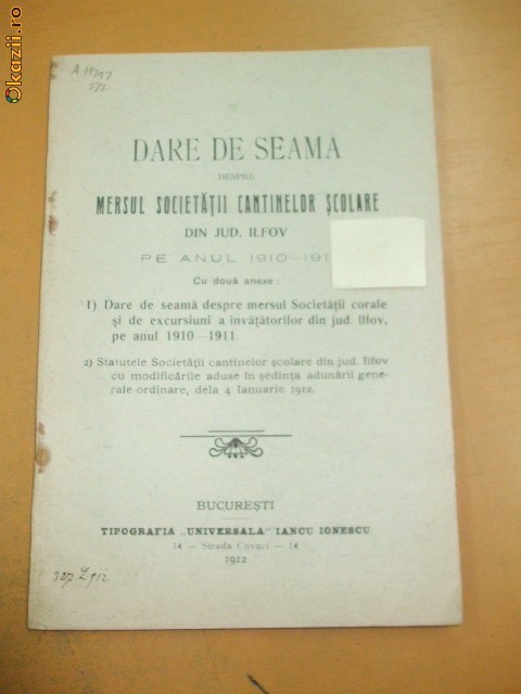 Dare de seama Soc. cantinelor scolare Buc. 1912