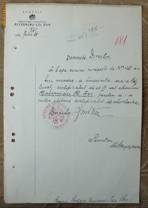 Document cu antet; Gimnaziul Alexandru cel Bun, Iasi, adresa semnata de director, 1922