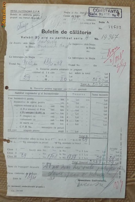 Buletin de calatorie si certificat de reducere CFR pentru Straja Tarii, 1938