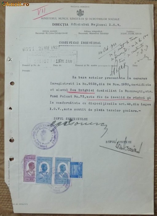 Directia Oficiului National I.O.V. ; Certificat individual pentru scutire de taxe, fiu de invalid de razboi, 1933