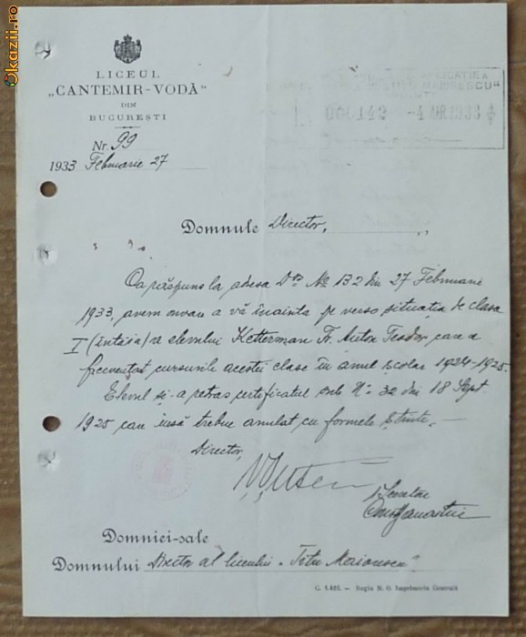 Adresa a Liceului Cantemir Voda, Bucuresti, semnata de director, 1933