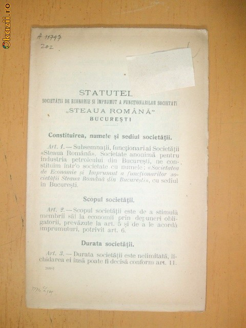 Statut Soc. imprumut ,,STEAUA ROMANA&amp;quot; Buc. 1909
