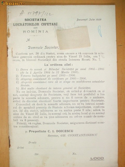 Dare de Seama-Soc. Lucratorilor Cofetari din Romania-1905