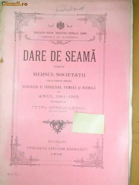 Dare de seama Soc. ,,BISERICA ECATERINA&amp;quot; Buc. 1912